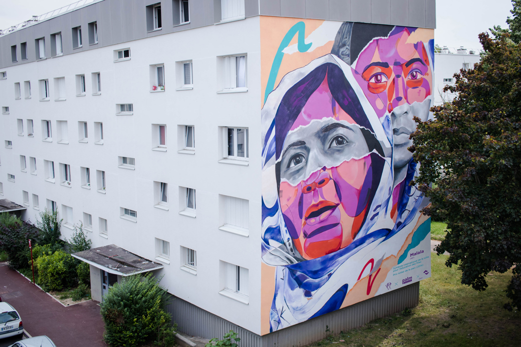Fresque artistique et collaborative, façade cité Dugny, Malala
