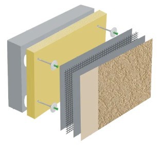 Système ITE ZOLPAN ARMATERM POUDRE EG LM sur maçonnerie, isolant laine de verre, isolant laine de roche, isolation thermique par l'extérieur