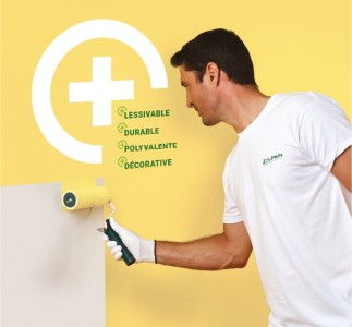 Visuel de lancement de la gamme Ondi+, peinture de finition et impression anti taches pour murs, plafonds, bois et métal