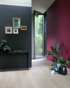 entrée de maison design bleu nuit et mauve, fleurie avec peinture intérieure jardin d'hiver de la collection infiniment zolpan 3
